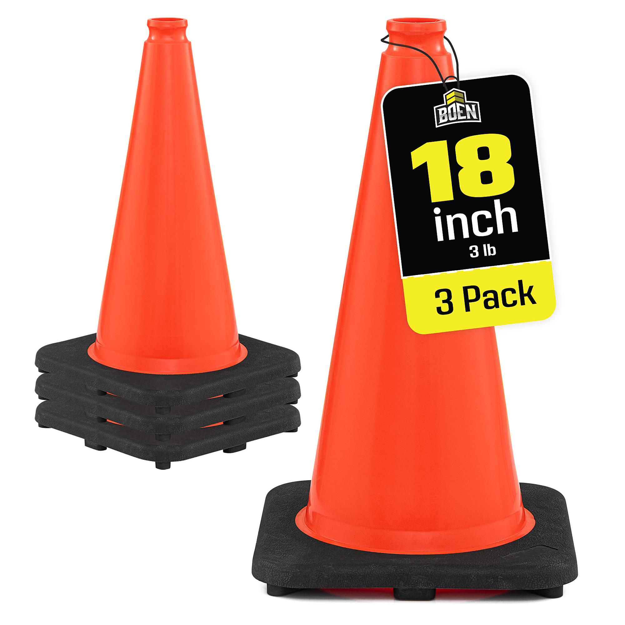 Boen 18 in, Orange Traffic Cone, 3-Pack, High-Visibility Safety Cones with Heavy-Duty Base for Parking, Events & Traffic Control